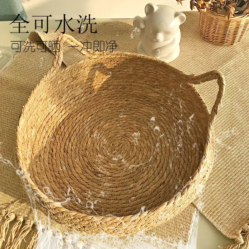 Rattan Weaving Cat Basket Bed with Cushion for Cats Dogs