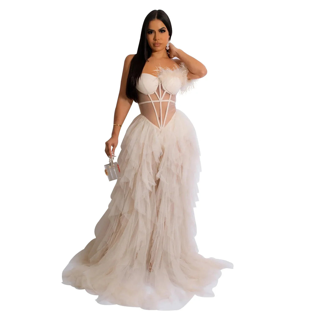 Women's Off-Shoulder Mesh Feather Floor-Length Gown