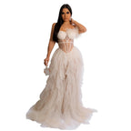 Women's Off-Shoulder Mesh Feather Floor-Length Gown