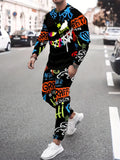 Men's Faux-Zipper Print Sweatshirt and Pants Two-Piece Set