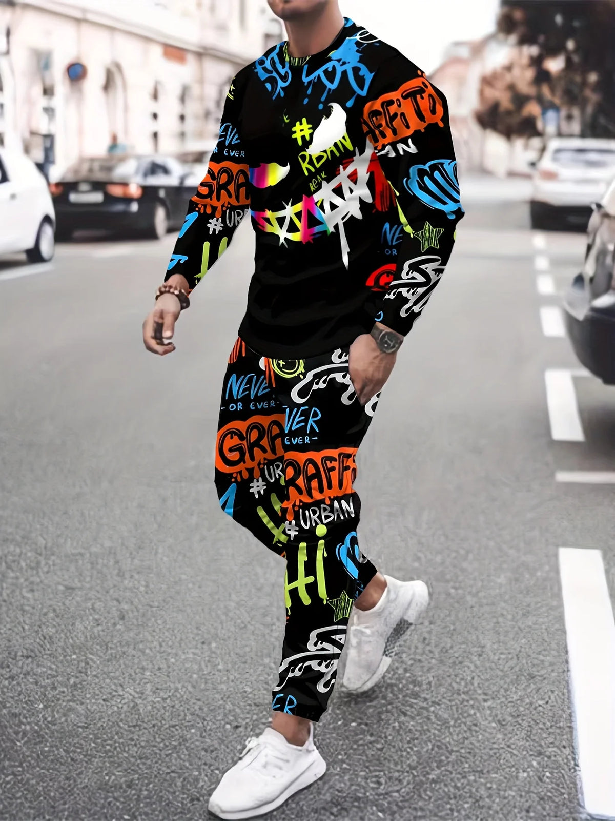 Men's Faux-Zipper Print Sweatshirt and Pants Two-Piece Set