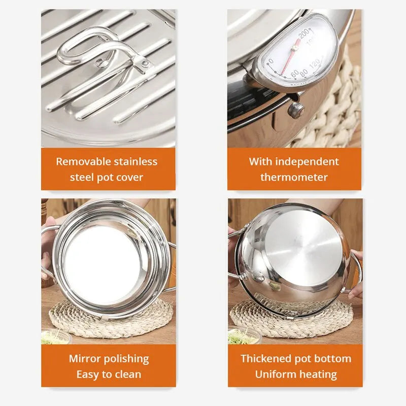 Stainless Steel Tempura Deep Fryer Pan with Thermometer and Lid