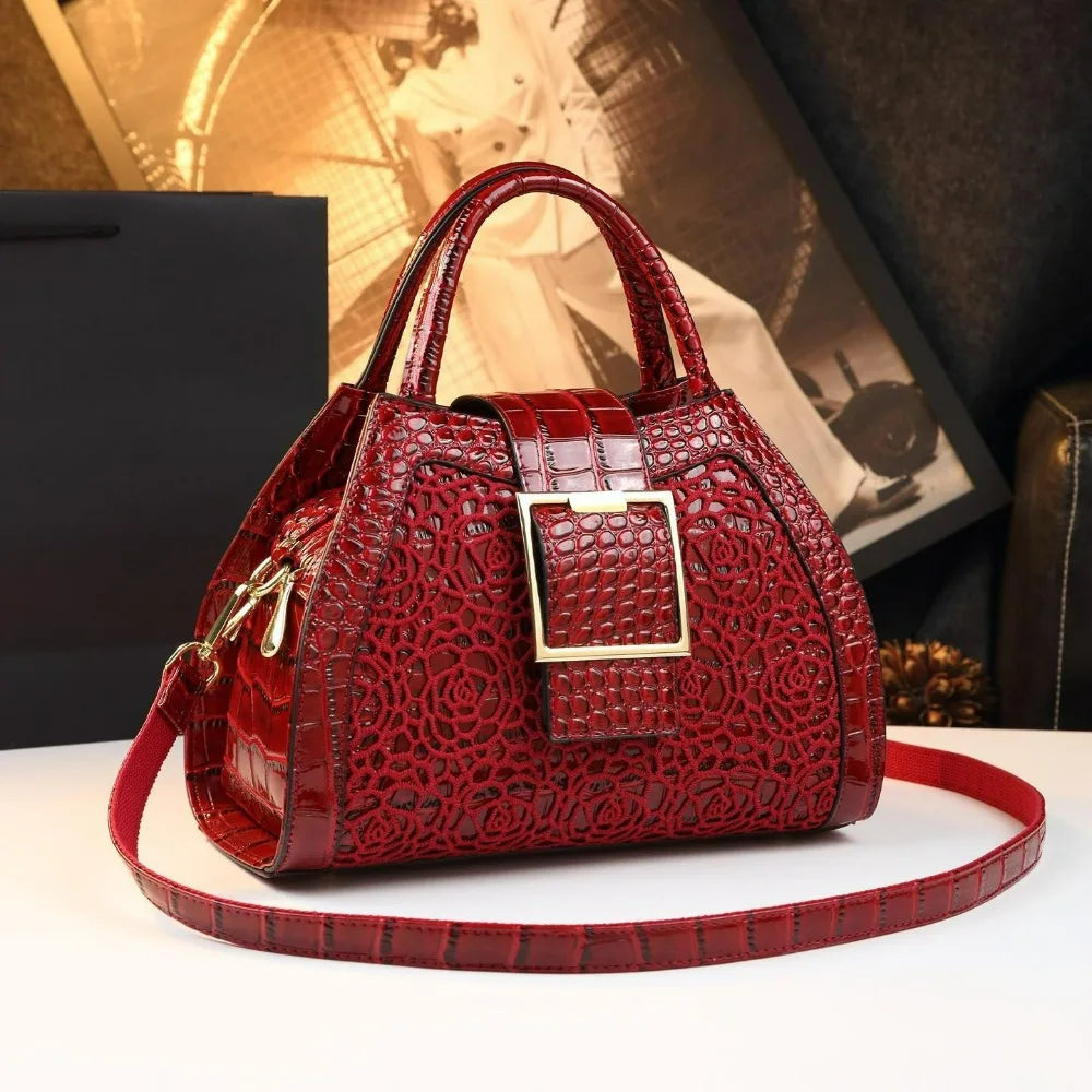 Women's Crocodile Pattern Lace Top Handle Satchel Bag