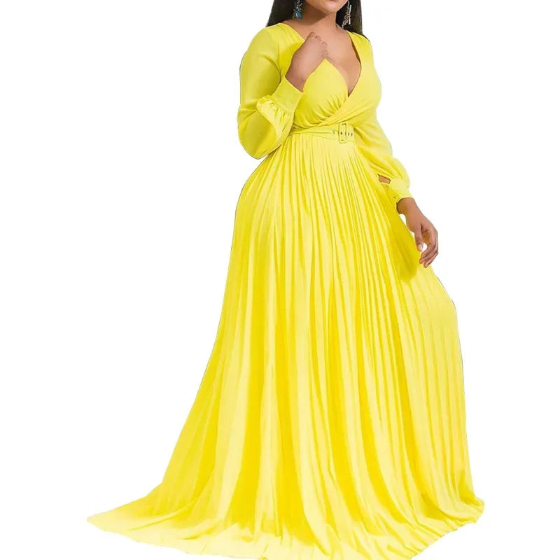 Women's Elegant V-Neck Long Sleeve Pleated Maxi Dress