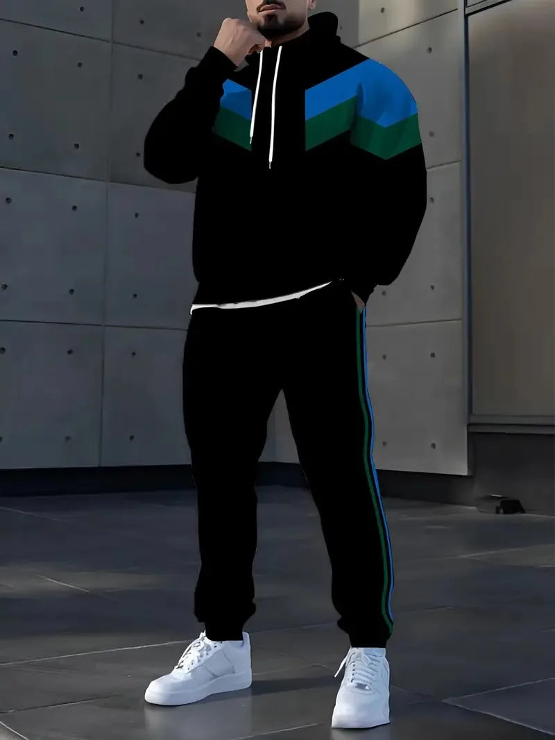 Men's 3D Striped Pattern Print Sweatshirt and Pants Two-Piece Set