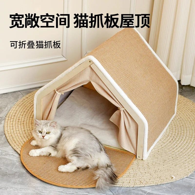 Solid Wood Enclosed Cat Villa Sisal Scratcher All Season