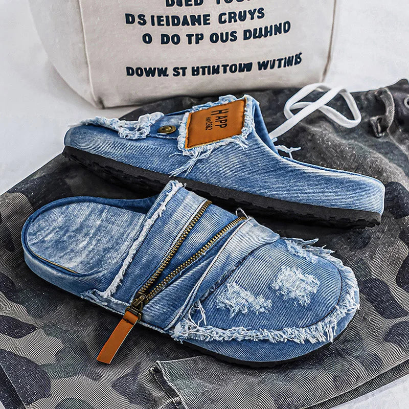 Men's Distressed Denim Slip-On Slippers