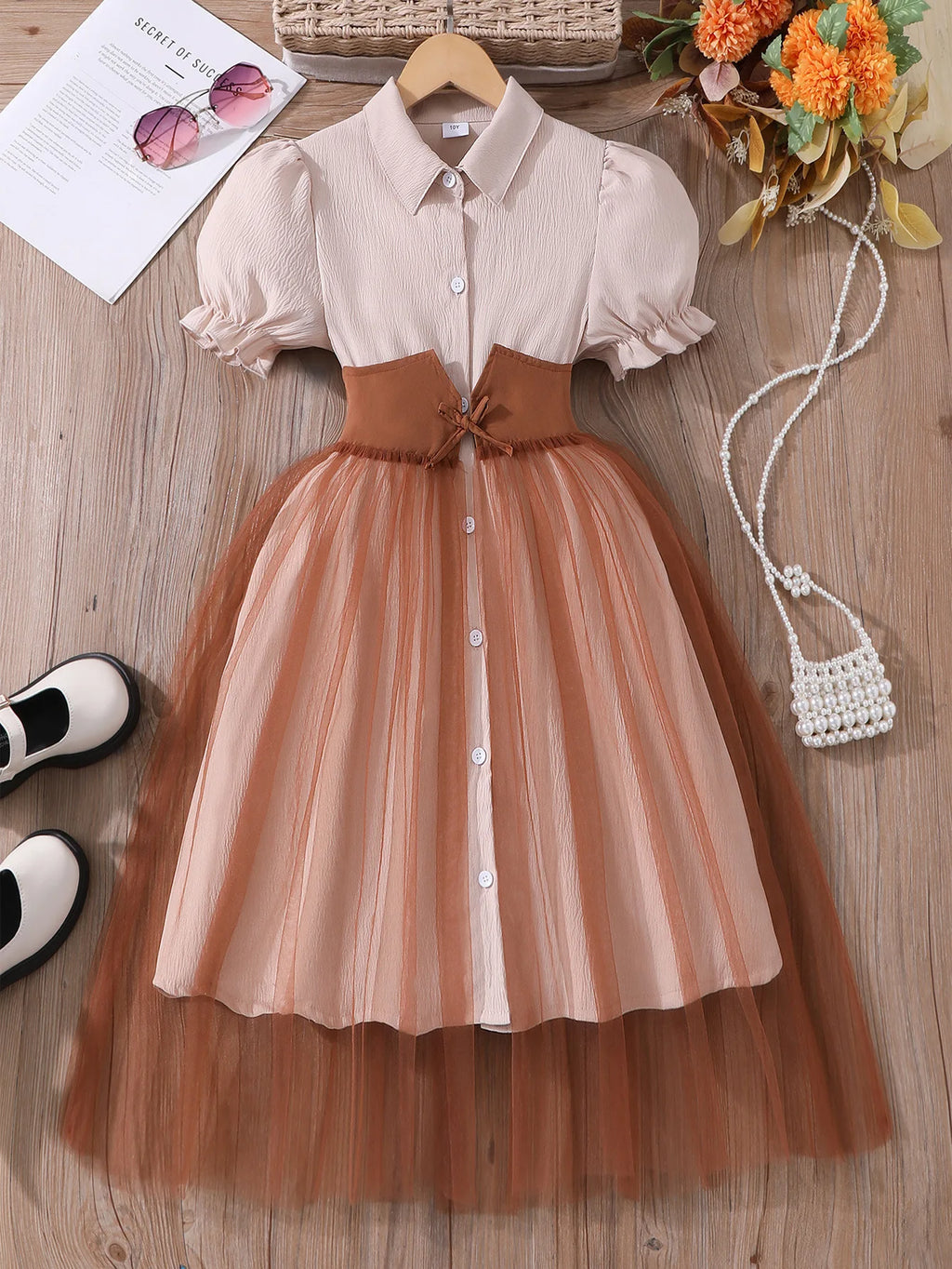 Girls' Patchwork Puff Sleeve Princess Dress with Mesh Skirt