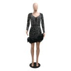 Women's Elegant Beaded Long Sleeve Ruffle Party Dress