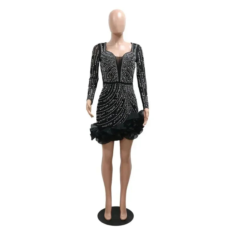 Women's Elegant Beaded Long Sleeve Ruffle Party Dress