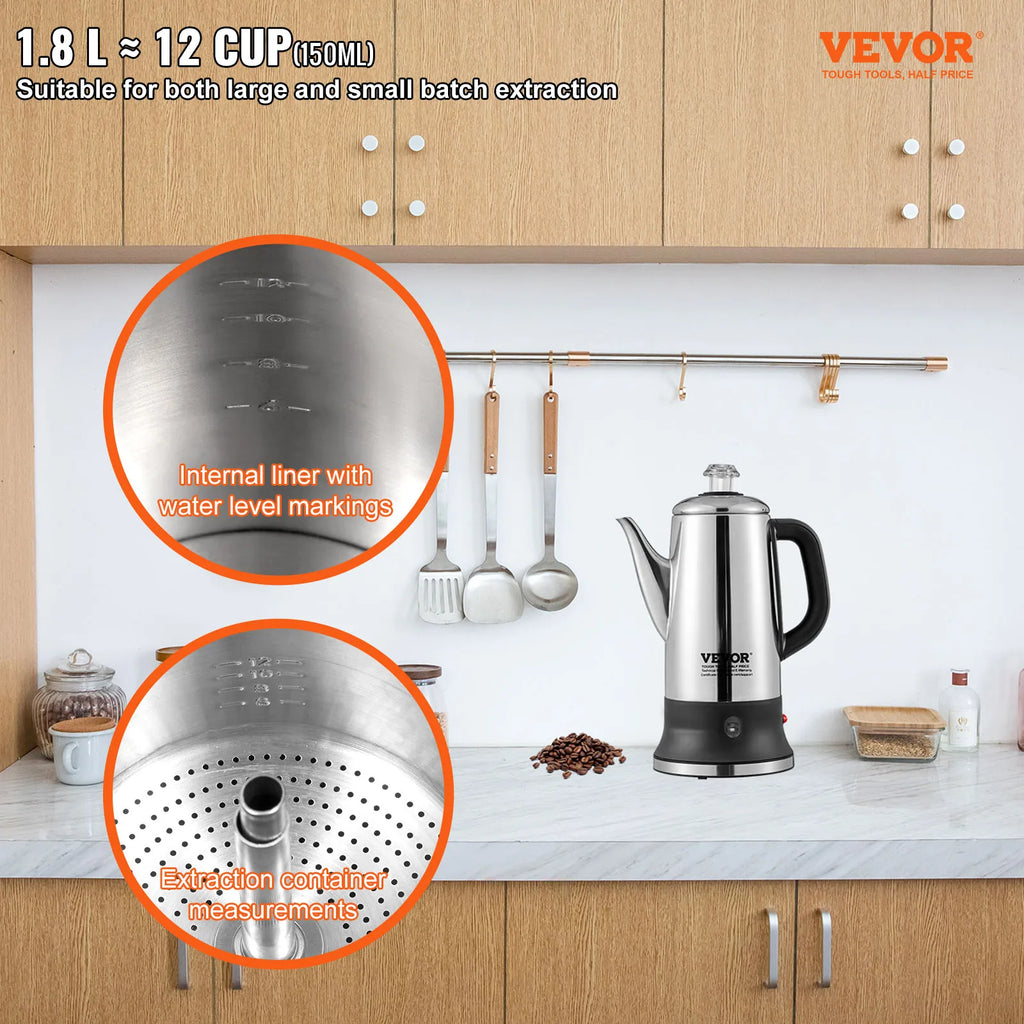 12-Cup 1000W Stainless Steel Electric Percolator Coffee Pot
