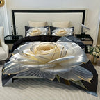 Golden Edged White Rose Print Duvet Cover Set with Pillowcases