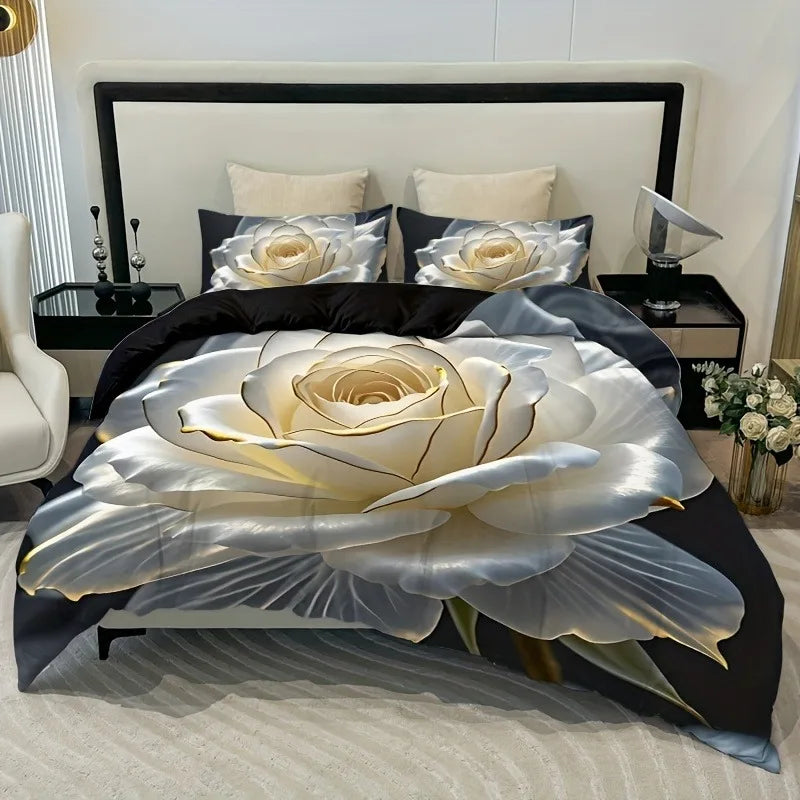 Golden Edged White Rose Print Duvet Cover Set with Pillowcases