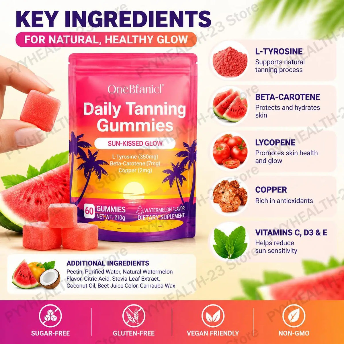 Natural Tanning Gummies L-Tyrosine Vitamin C Vegan 60 Pieces