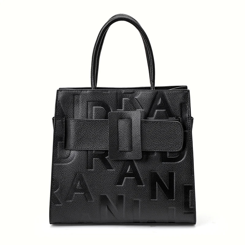 Women's Letter Print Cowhide Leather Large Capacity Handbag
