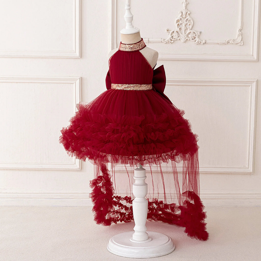 Girls' Sleeveless Princess Dress with Big Bow and Trailing Mesh