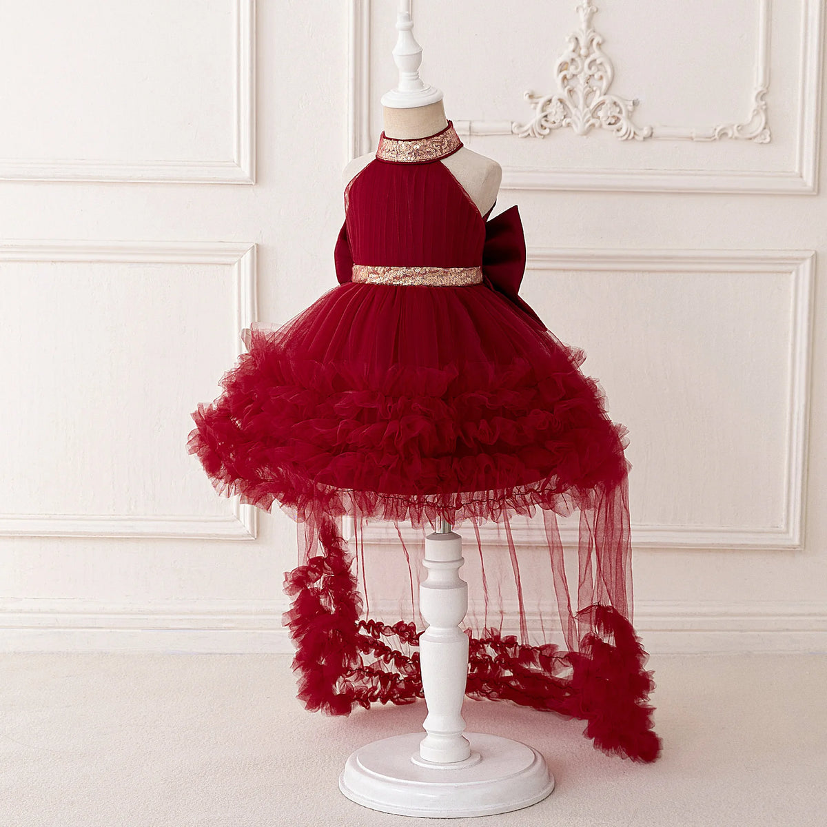 Girls' Sleeveless Princess Dress with Big Bow and Trailing Mesh