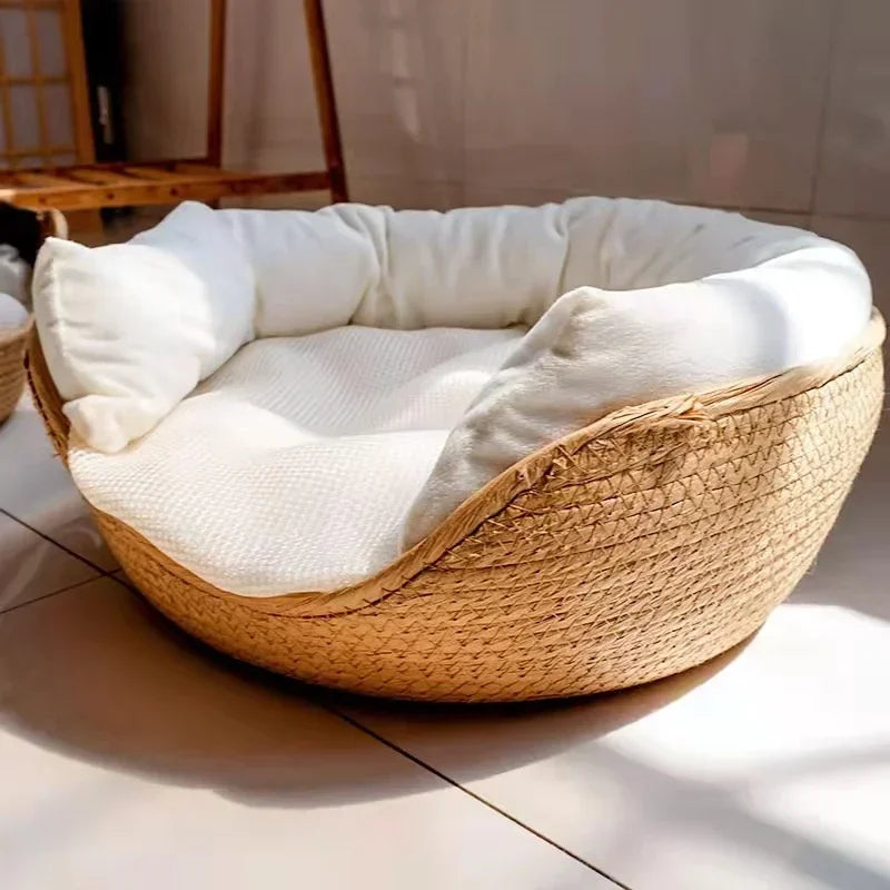 Woven Basket Pet Bed with Cushion for Cats Dogs