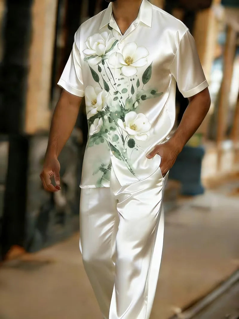 Men's 3D Print Short Sleeve Shirt and Pants Two Piece Set