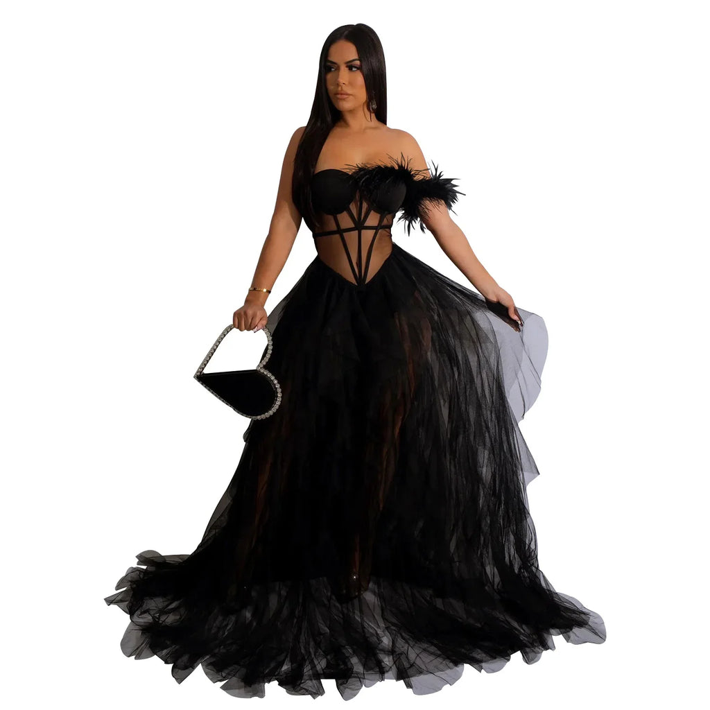 Women's Off-Shoulder Mesh Feather Floor-Length Gown