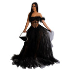 Women's Off-Shoulder Mesh Feather Floor-Length Gown