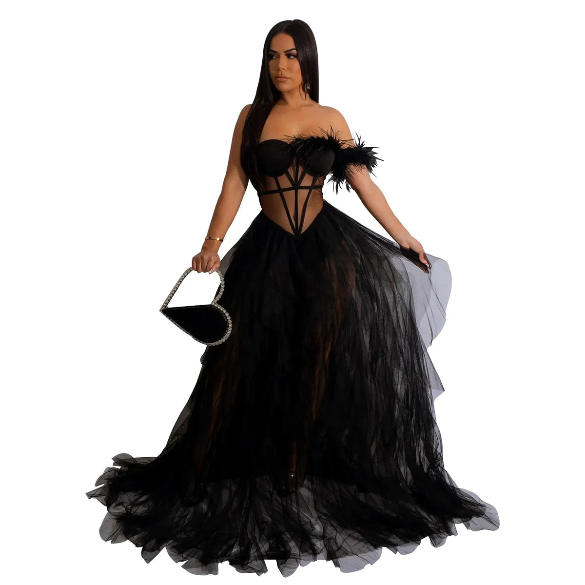 Women's Off-Shoulder Mesh Feather Floor-Length Gown
