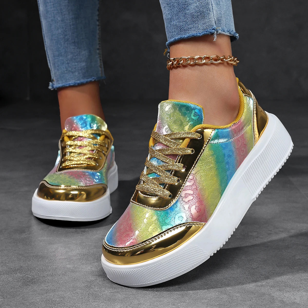 Women's Rainbow Gradient Glossy Platform Skate Sneakers
