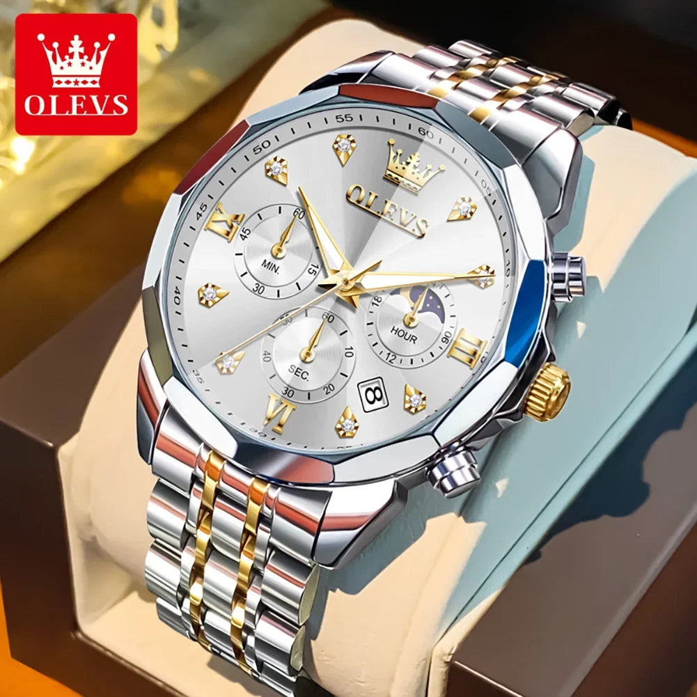 Men's Multifunctional Chronograph Quartz Watch with Moon Phase