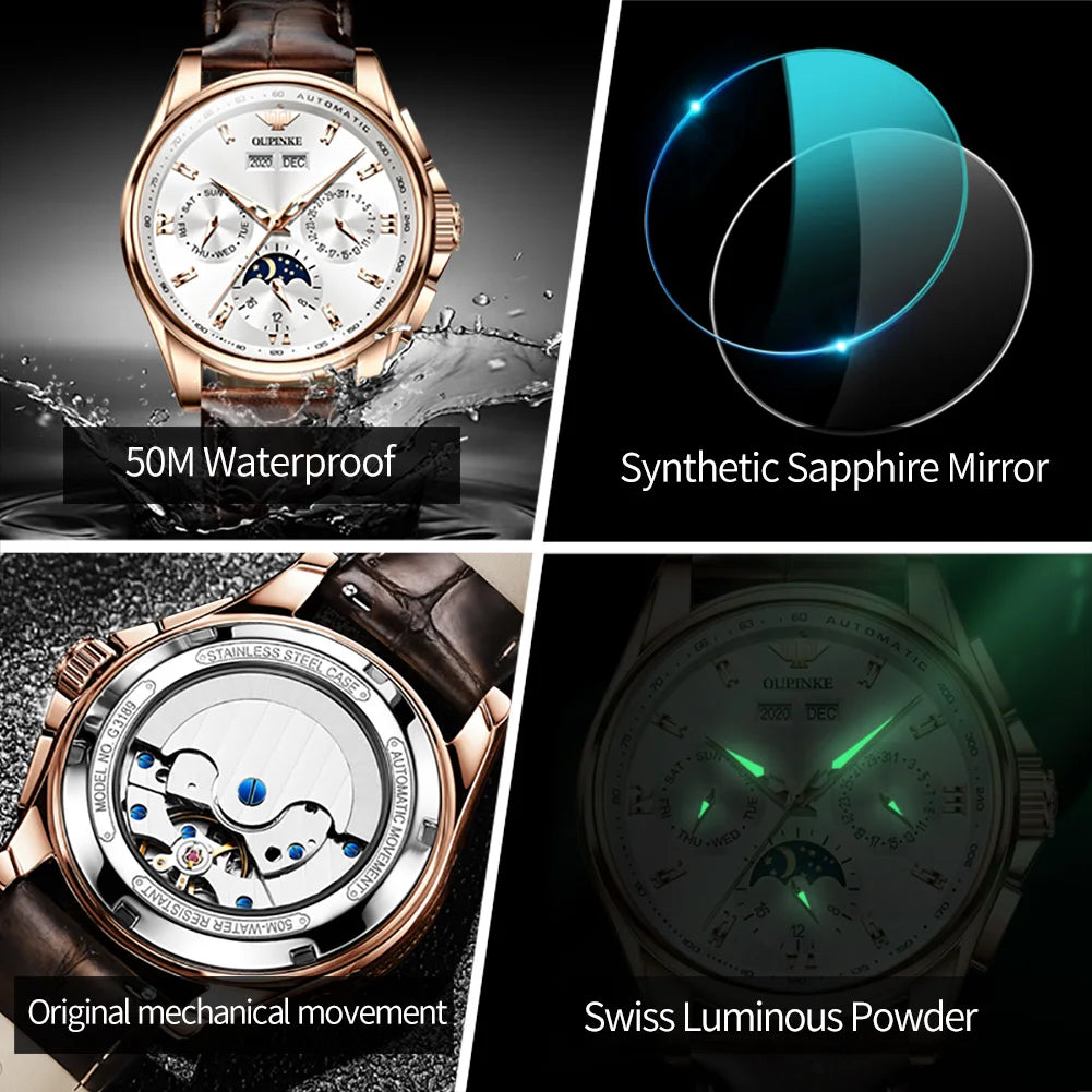 Men's Automatic Mechanical Watch with Moon Phase