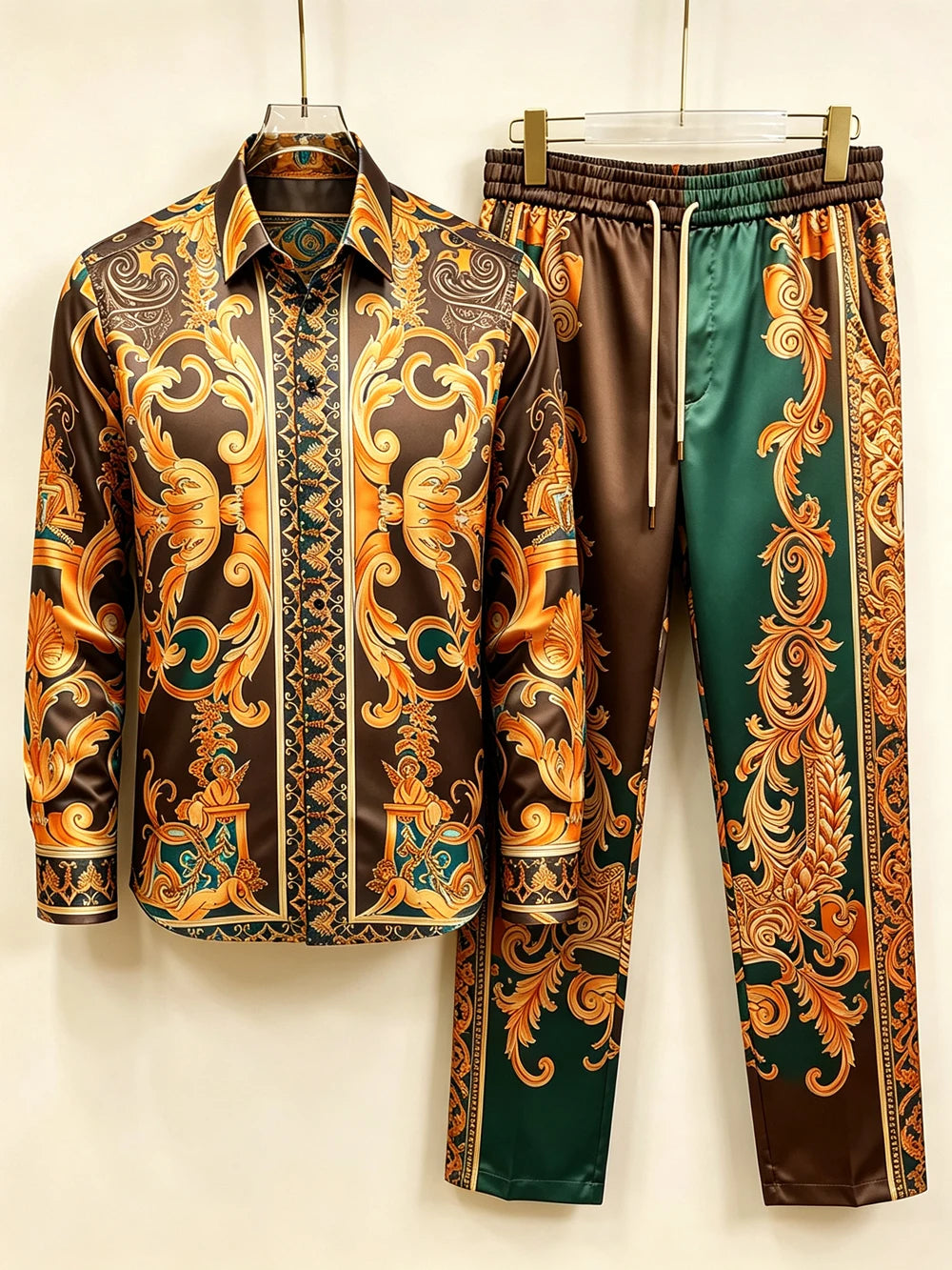 Men's Baroque Print Short Sleeve Shirt and Pants Two Piece Set