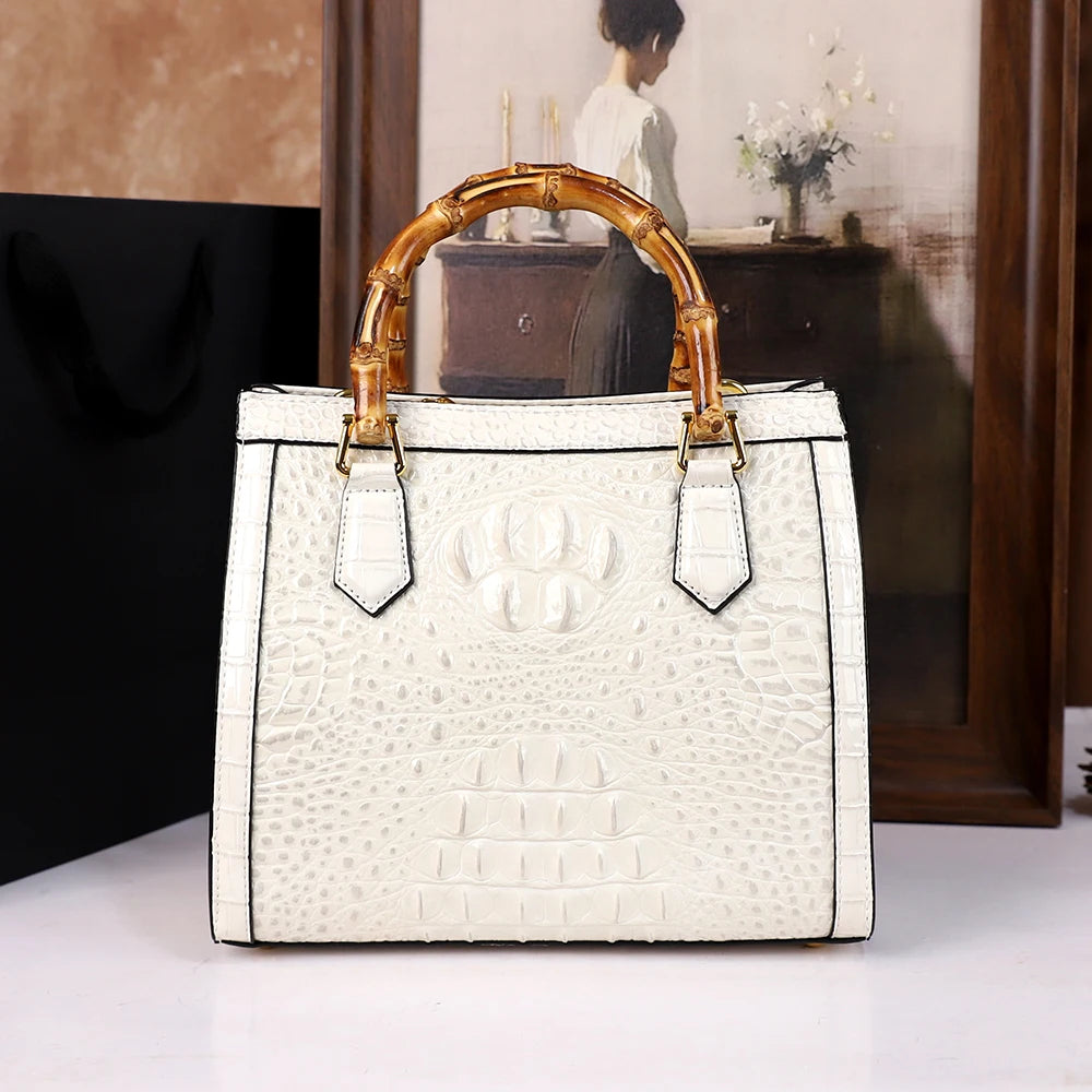 Women's Crocodile Pattern Bamboo Handle Handbag
