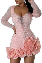 Women's Elegant Beaded Long Sleeve Ruffle Party Dress
