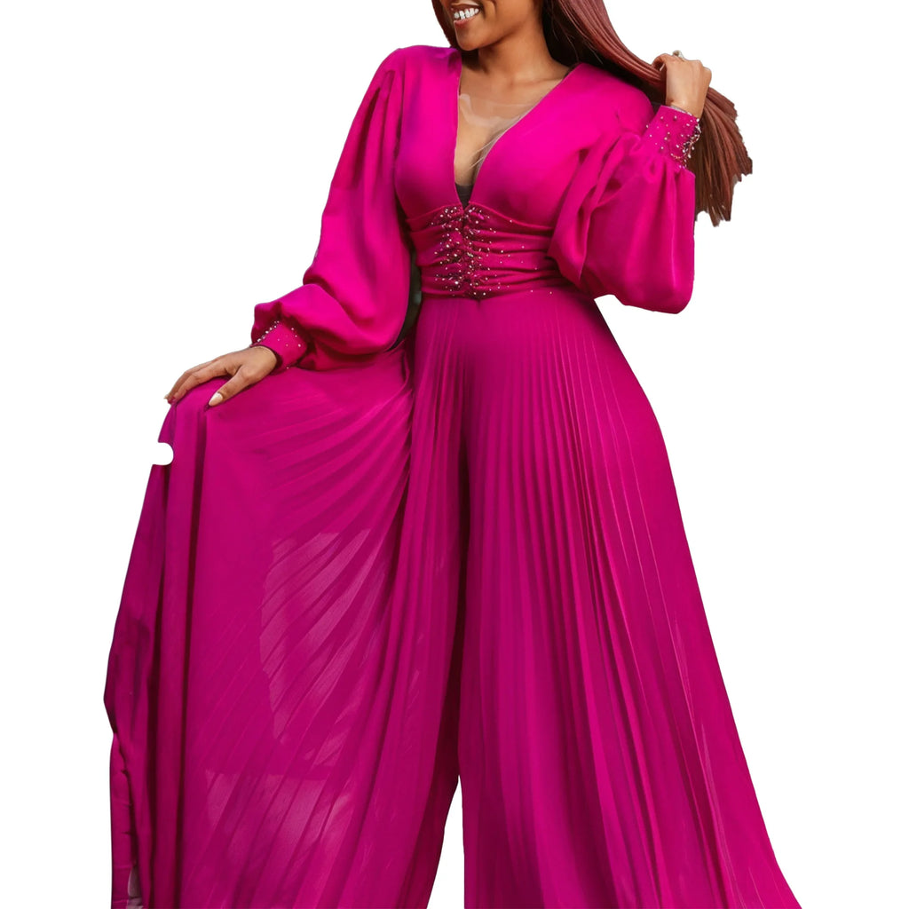 Women's African Fashion Long Sleeve V-Neck Ankara Jumpsuit