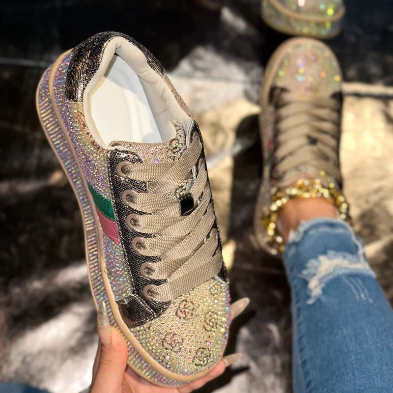 Women's Crystal Rhinestone Platform Lace Up Casual Sneakers
