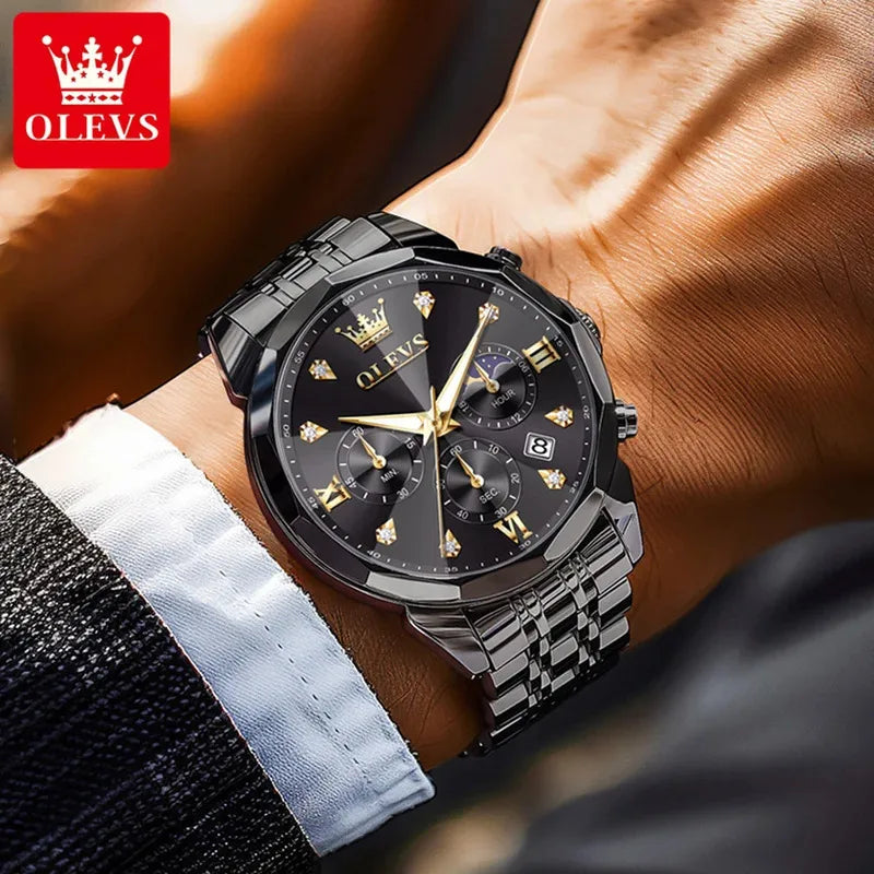 Men's Multifunctional Chronograph Quartz Watch with Moon Phase