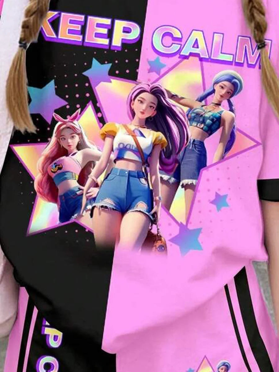 Girls' Color-Block Cartoon Top and Shorts 2-Piece Set