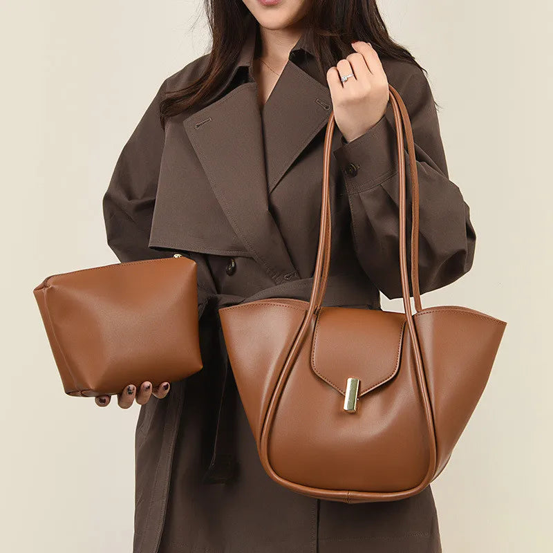 Women's Fashion Solid PU Leather Shoulder Tote Bag