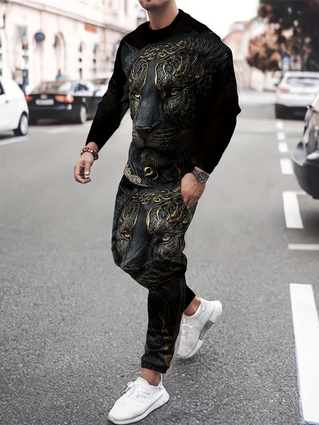 Men's Faux-Zipper Print Sweatshirt and Pants Two-Piece Set