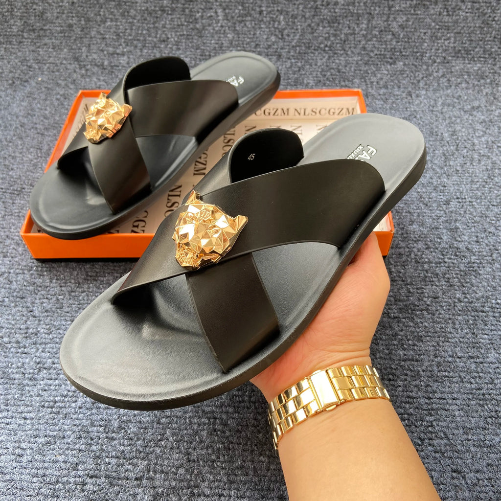Men's PU Leather Slide Sandals with Metal Decoration