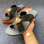 Men's PU Leather Slide Sandals with Metal Decoration