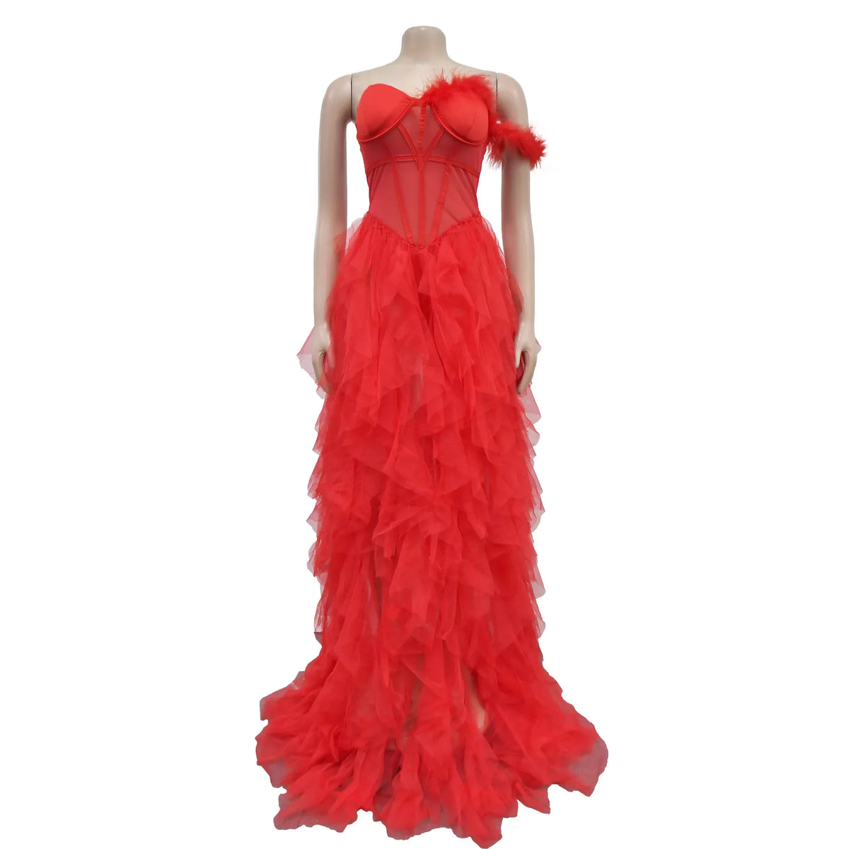 Women's Off-Shoulder Mesh Feather Floor-Length Gown