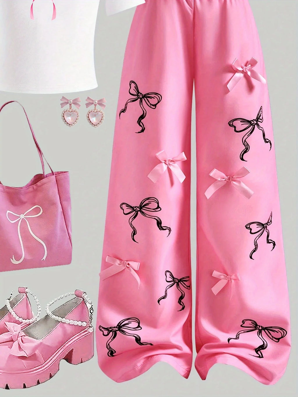 Girls' Letter-Print T-Shirt and Bow Wide-Leg Pants 2-Piece Set