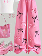 Girls' Letter-Print T-Shirt and Bow Wide-Leg Pants 2-Piece Set