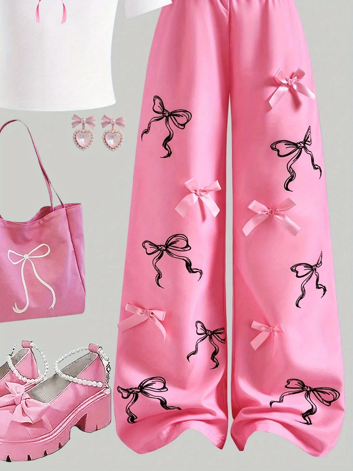 Girls' Letter-Print T-Shirt and Bow Wide-Leg Pants 2-Piece Set