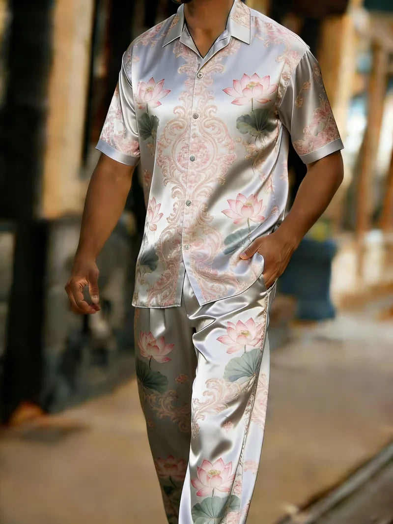 Men's Baroque Print Short Sleeve Shirt and Pants Two Piece Set