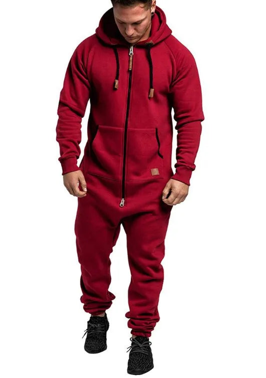 Men's Solid Hooded Fleece Jumpsuit Set
