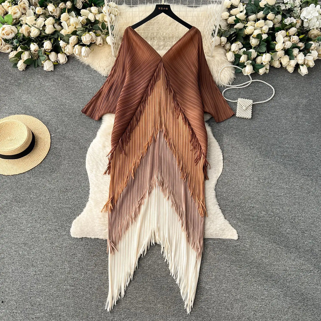 Women's Pleated Color-Block Tassel Mid-Calf Dress