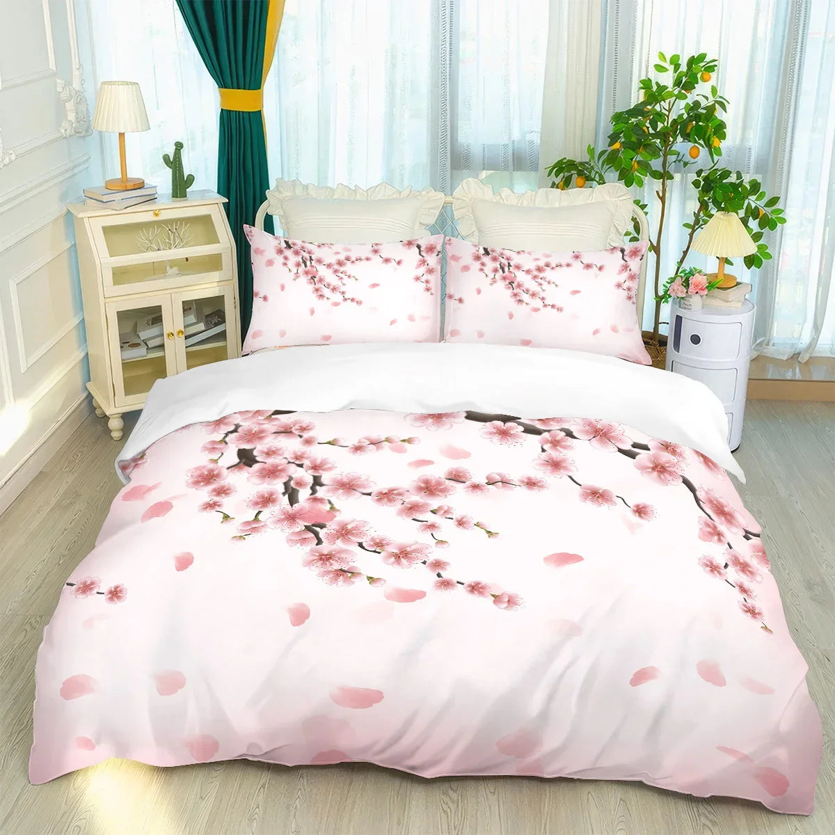 Cherry Blossom Print Duvet Cover Set with Pillowcases