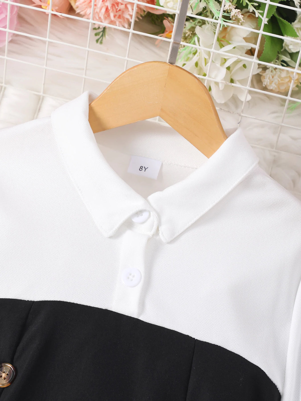 Girls' Long-Sleeved Lapel Button Contrast Color Dress