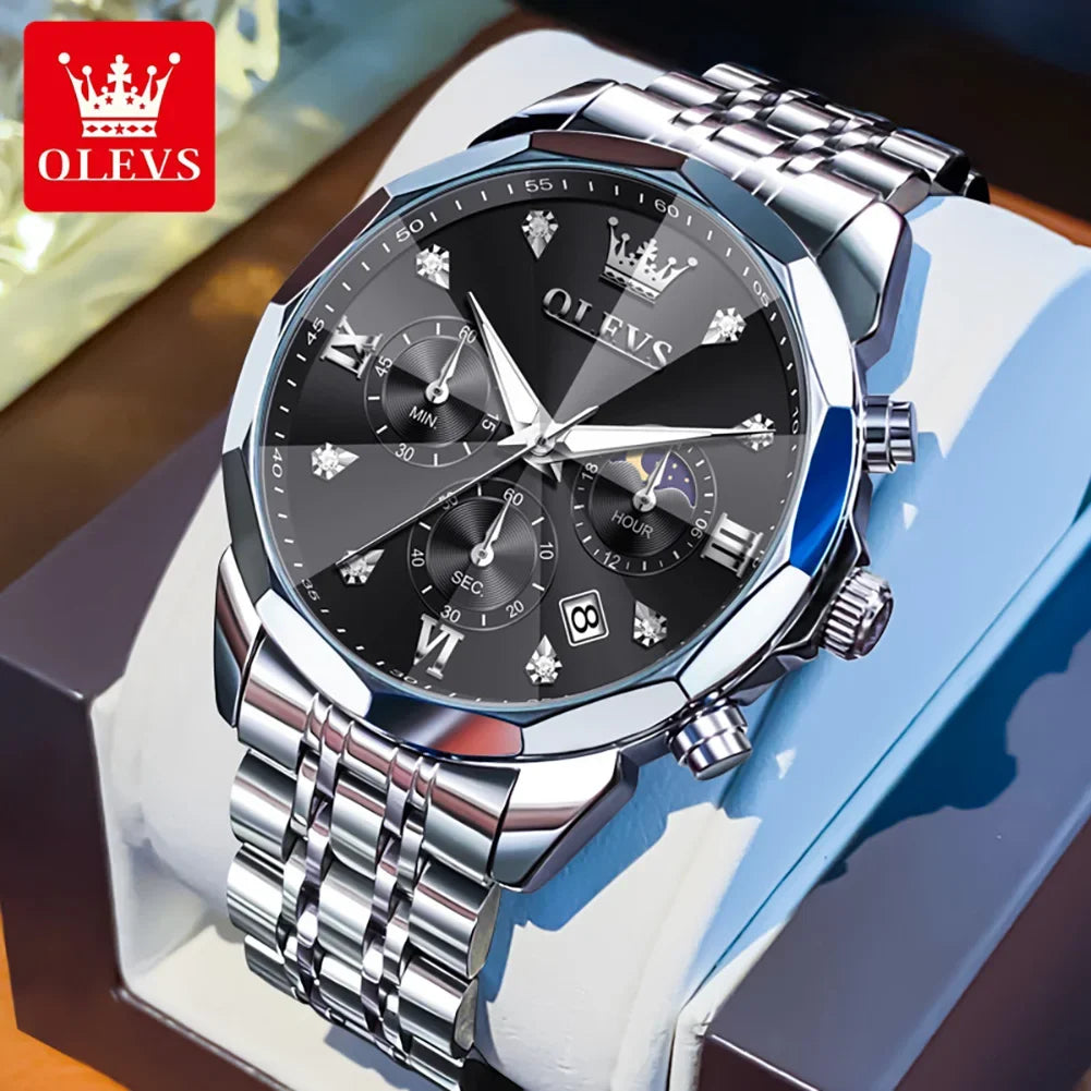 Men's Multifunctional Chronograph Quartz Watch with Moon Phase